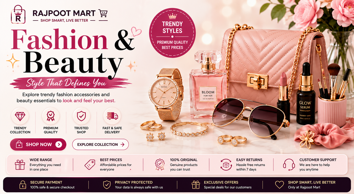 Fashion & Beauty collection banner featuring stylish handbags, watches, jewelry, cosmetics, and beauty accessories in a modern and elegant design for Rajpoot Mart.