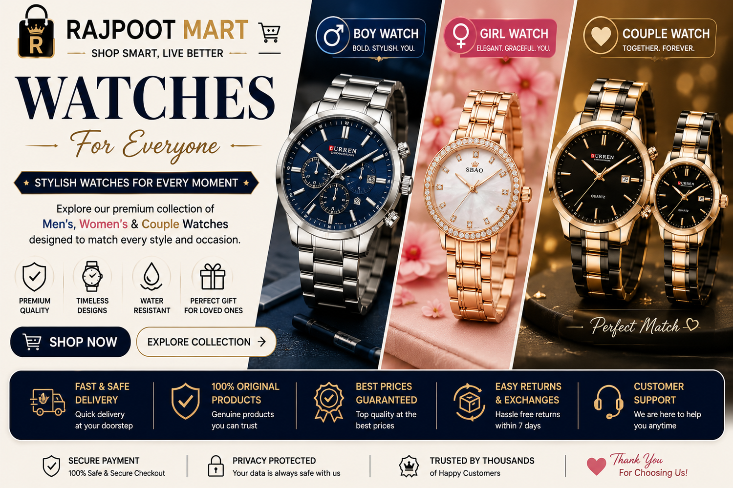 Watch collection banner featuring stylish men's watches, elegant women's watches, and matching couple watches displayed in a modern luxury design for Rajpoot Mart.